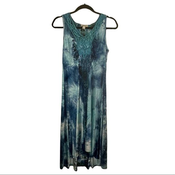 One World Live and Let Live Blue Tie Dye High Low Boho Sleeveless Dress Size L - Picture 3 of 10